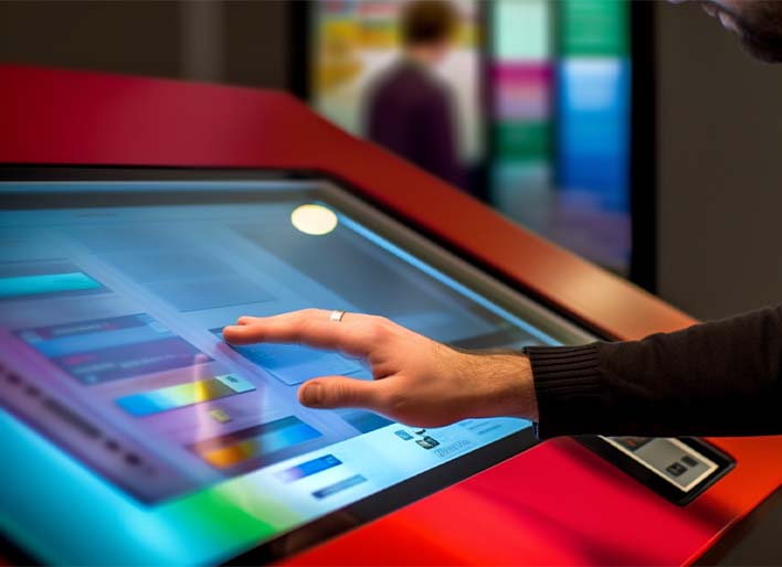 pupitre-operations-divers "Un pupitre tactile polyvalent utilisé pour diverses opérations, offrant une interface interactive pour simplifier les processus complexes.