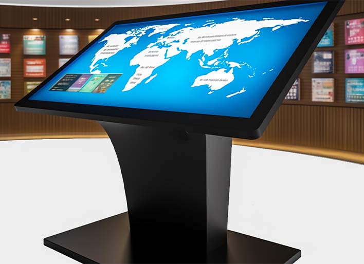 pupitre-showroom Un pupitre tactile élégant dans un showroom, offrant une expérience interactive pour découvrir les produits et services.